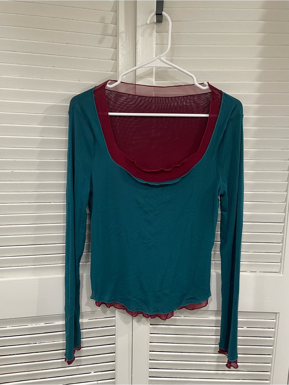 Free People Teal Long Sleeve Scoop Neck Top with Maroon Trim